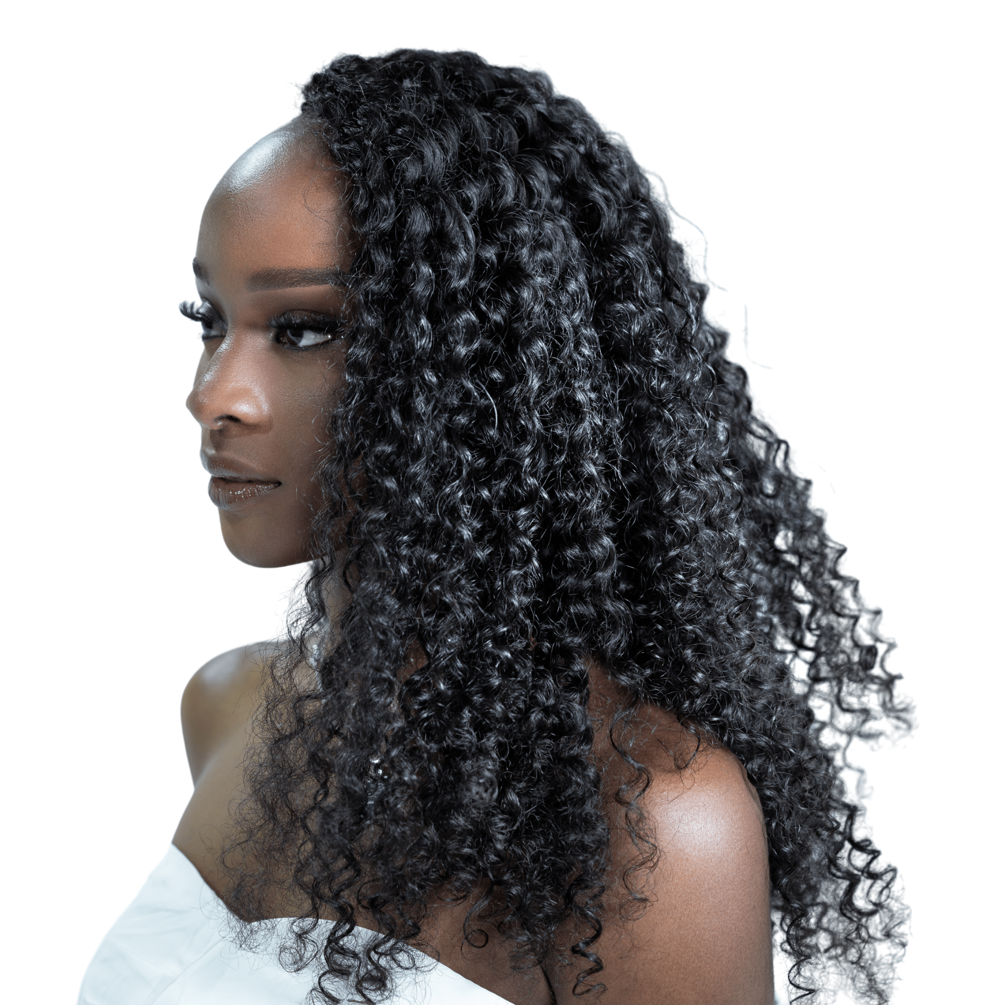 Model wearing kinky curly human hair crochet extensions with no leave-out with a side view